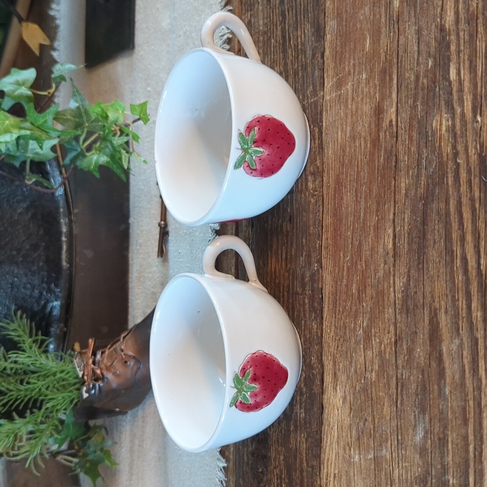 Vintage Italy Glazed Ceramic Strawberry Tea Cups, Set of 2
